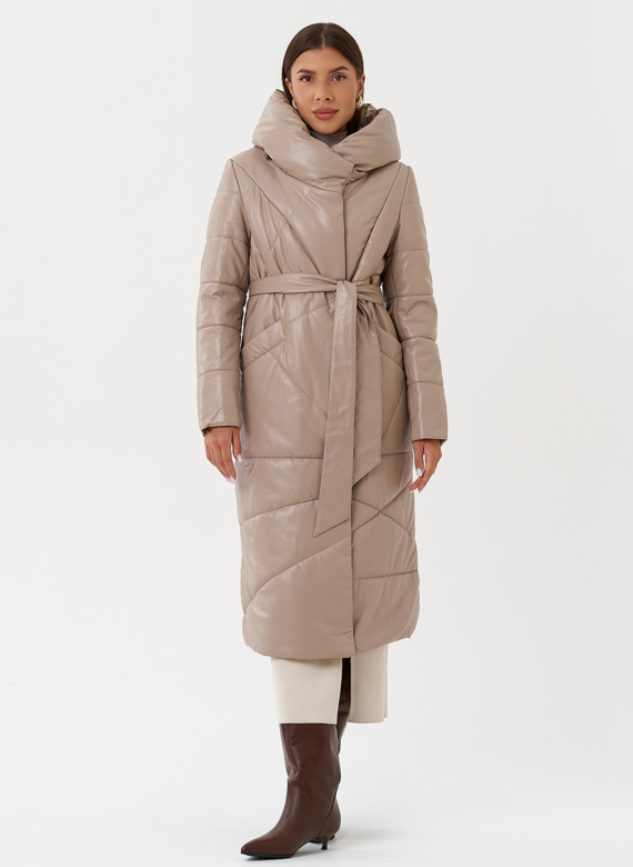 Женский пуховик из эко кожи с поясом