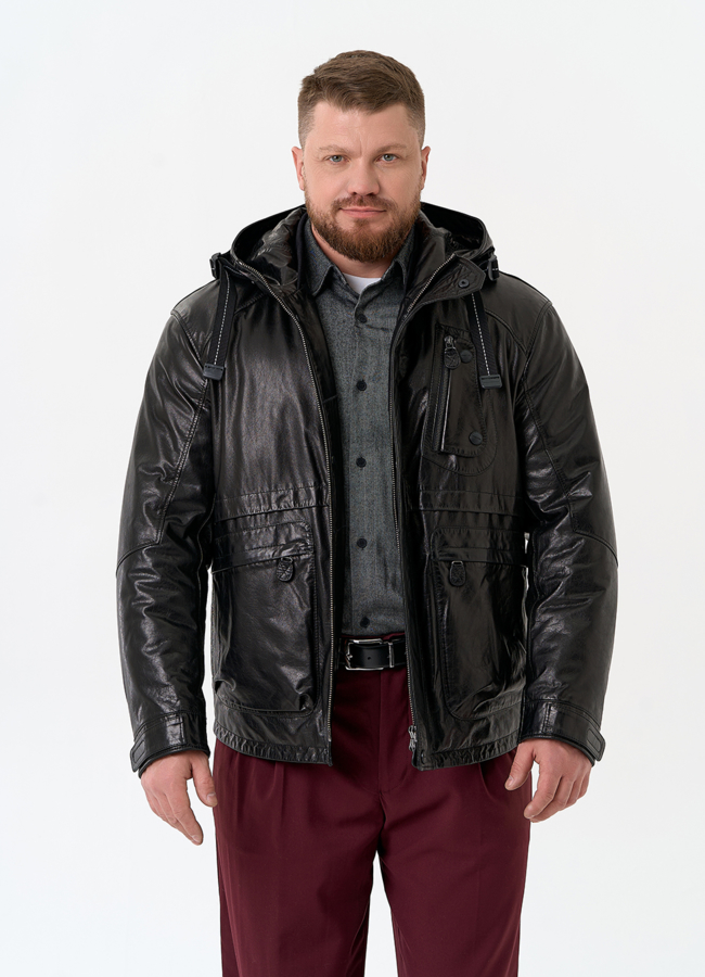 Мужская куртка из натуральной кожи с капюшоном модель № 32548 меха малина