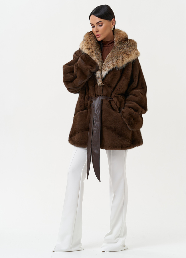 Женская шуба из меха норки с капюшоном из меха рыси модель № 31167 универмаг малина