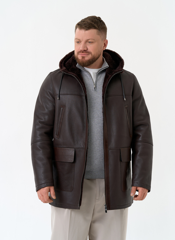 Мужская натуральная дубленка с капюшоном