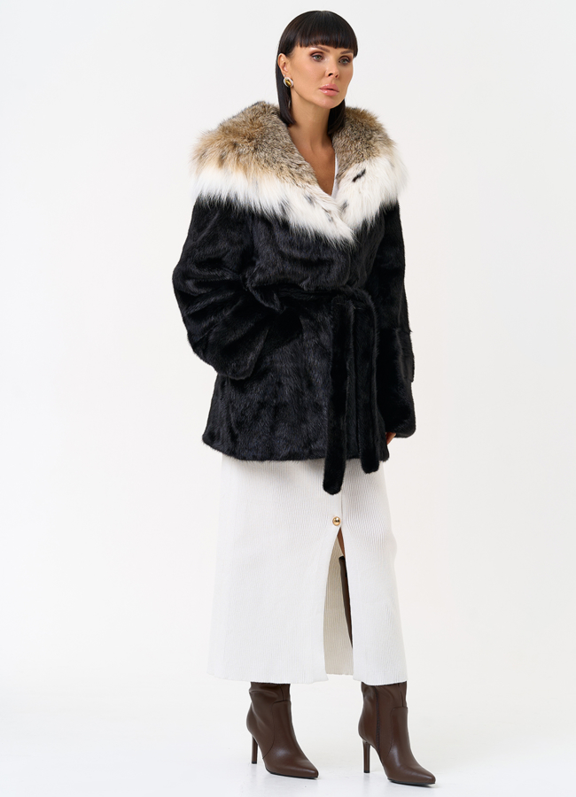 Женская шуба из меха норки с капюшоном из меха рыси модель № 31376 универмаг малина