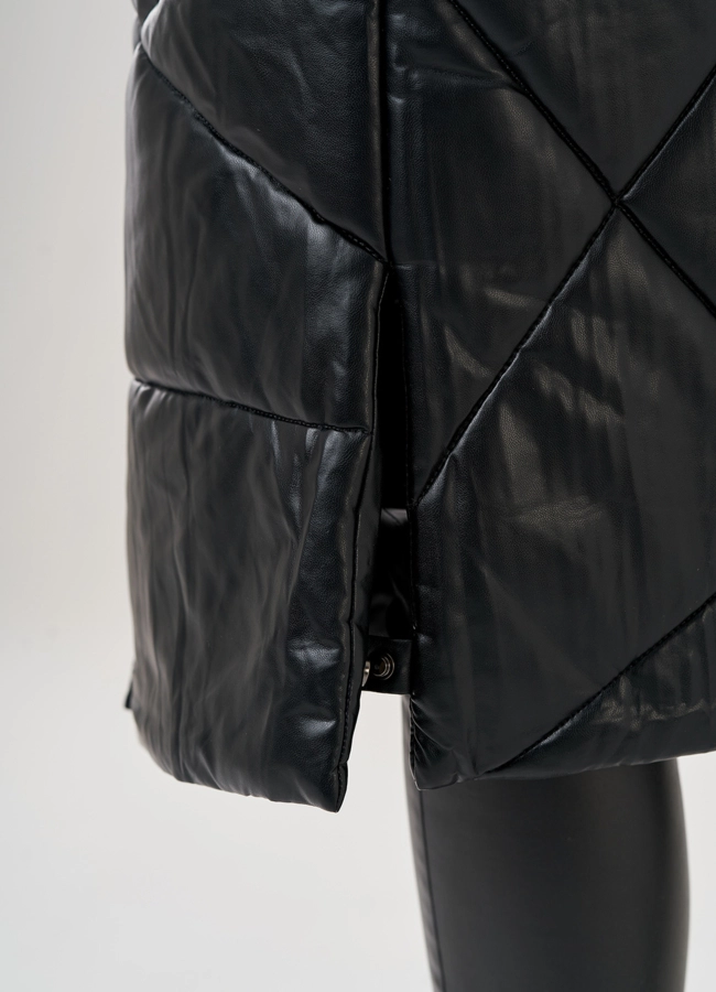 Черный длинный пуховик из эко кожи Malina Siberian модель № 79130 универмаг малина
