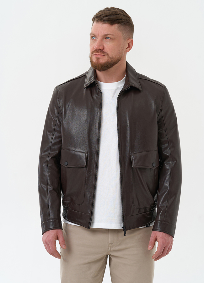 Мужская куртка из натуральной кожи коричневого цвета модель № 30069 меха малина
