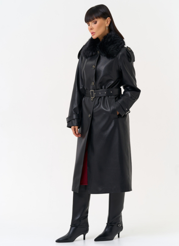 Женское утепленное пальто из экокожи с воротником из эко меха