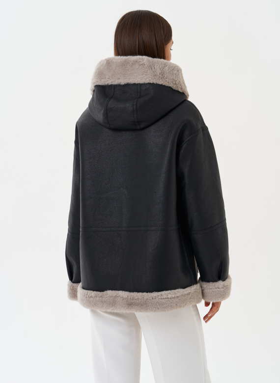 Женская эко дубленка с капюшоном