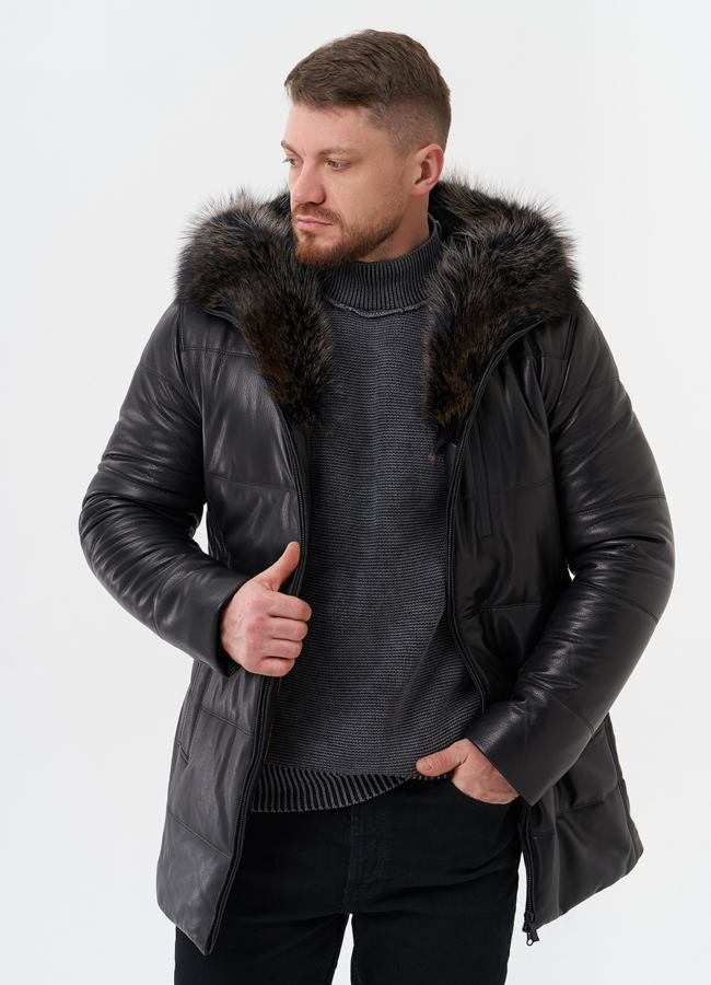 Пуховик из натуральной кожи с отделкой из меха енота модель № 25458 универмаг малина