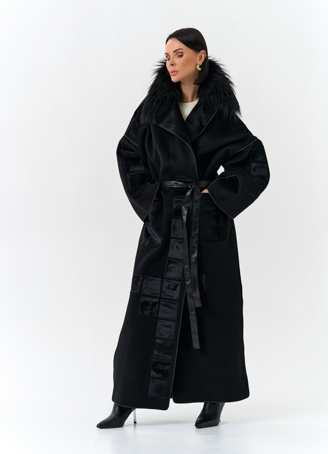 Женское длинное пальто с отделкой из меха лисы модель № 32649 меха малина