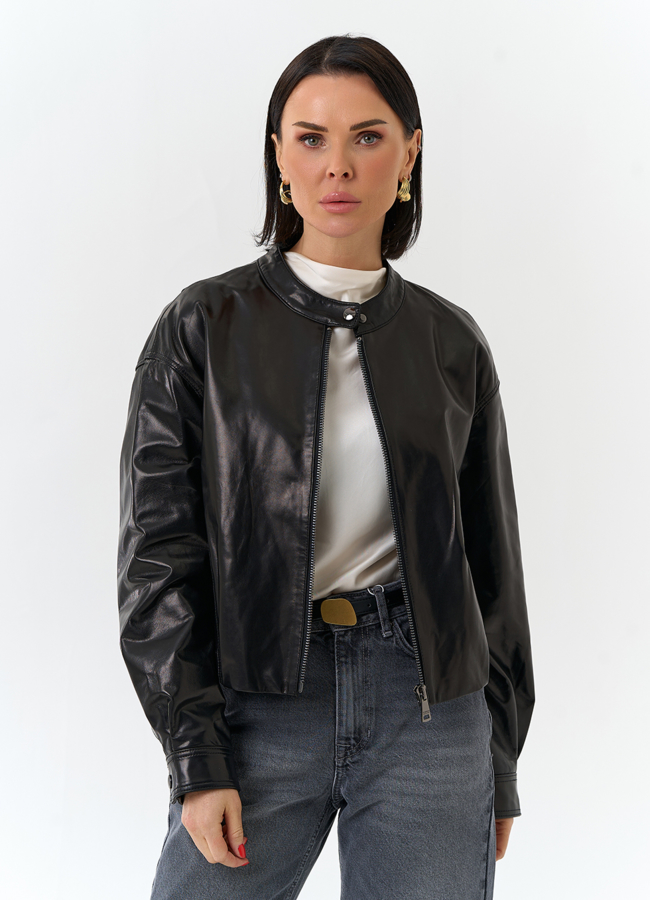 Женская короткая куртка из натуральной кожи  модель № 32530 меха малина