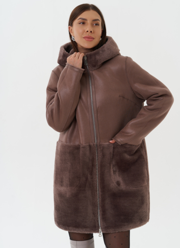 Двухсторонняя дубленка из эко кожи с капюшоном