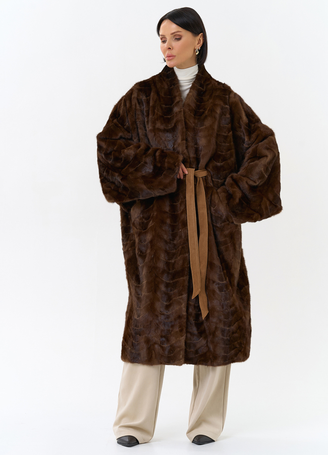 Шуба из меха норки с поясом модель № 31184 меха малина