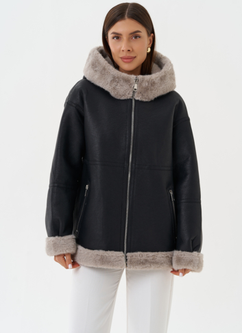 Женская эко дубленка с капюшоном