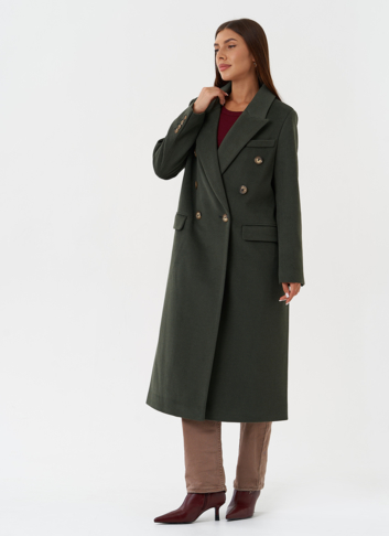 Длинное двубортное пальто с английским воротником
