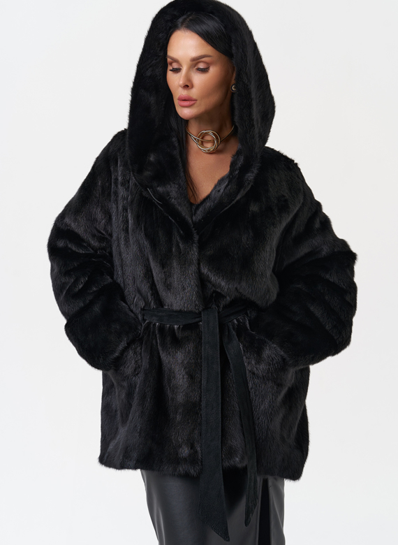 Женская норковая шуба с капюшоном 
