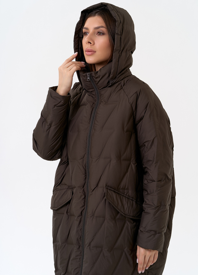 Женское свободное пальто с капюшоном модель № 31386 универмаг малина