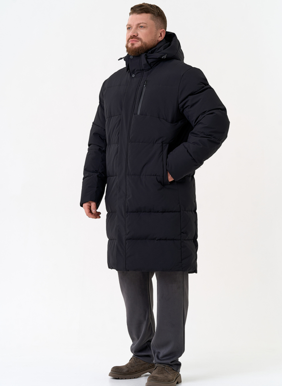 Удлиненный мужской пуховик с капюшоном
