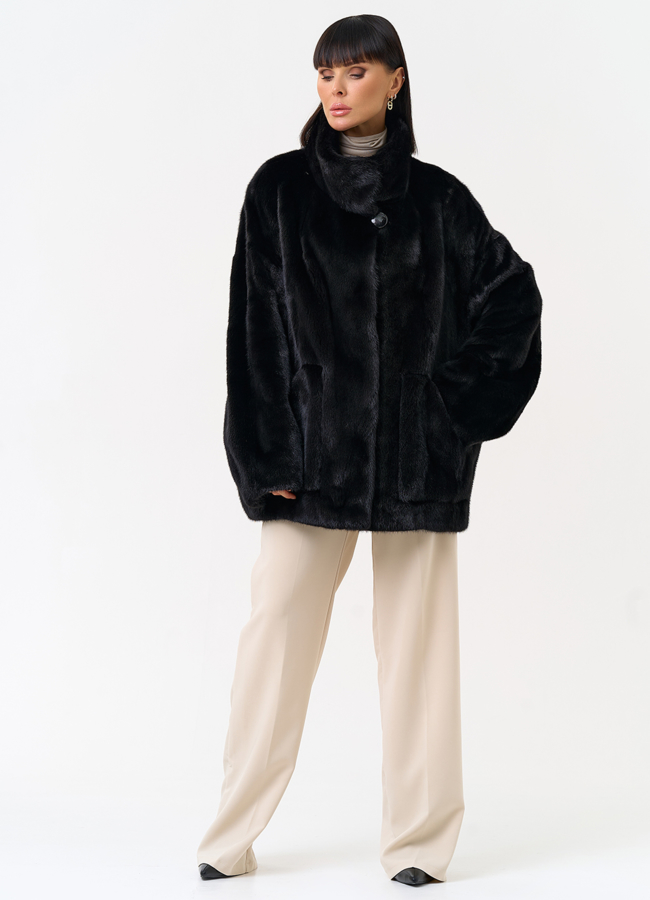 Женская шуба из скандинавской норки с воротником стойкой модель № 31633 универмаг малина