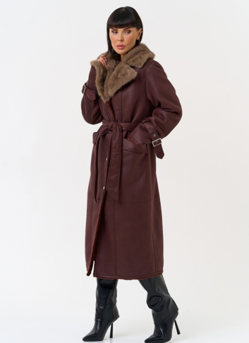 Женская дубленка из эко замши с английским воротником