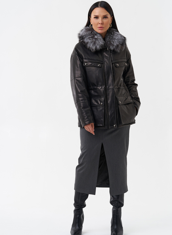 Кожаный пуховик с мехом