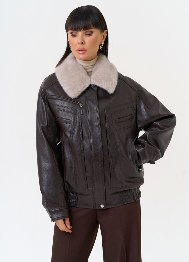 Женская утепленная куртка из эко кожи с воротником из эко меха модель № 30701 в кредит