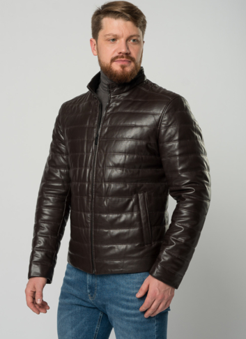 Мужская  утепленная куртка из натуральной кожи коричневого цвета