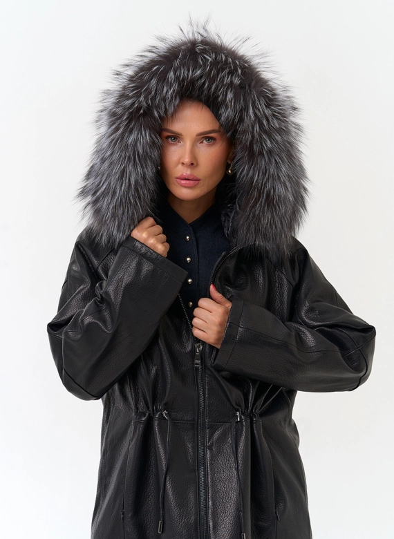 Женский пуховик из натуральной кожи с чернобуркой фото