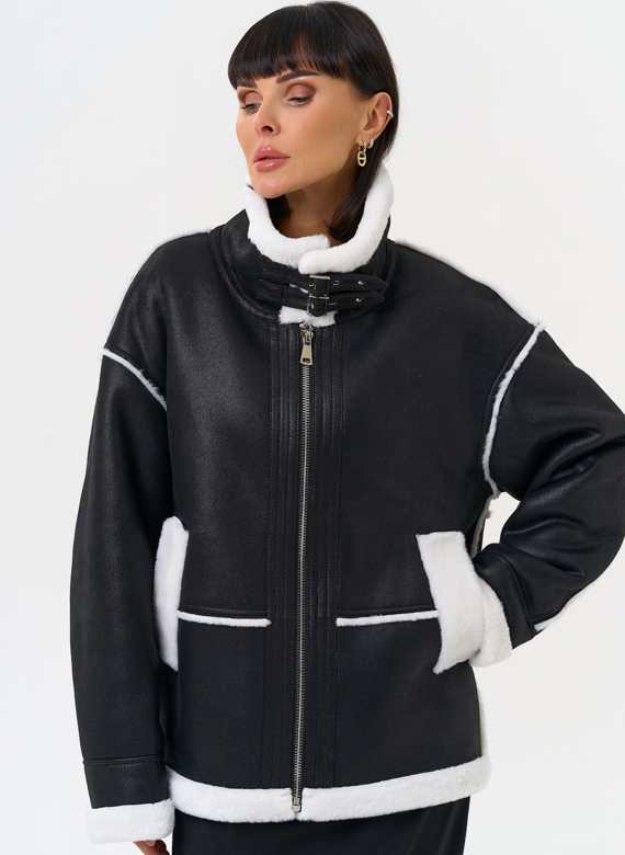 Женская дубленка из эко замши с воротником стойкой