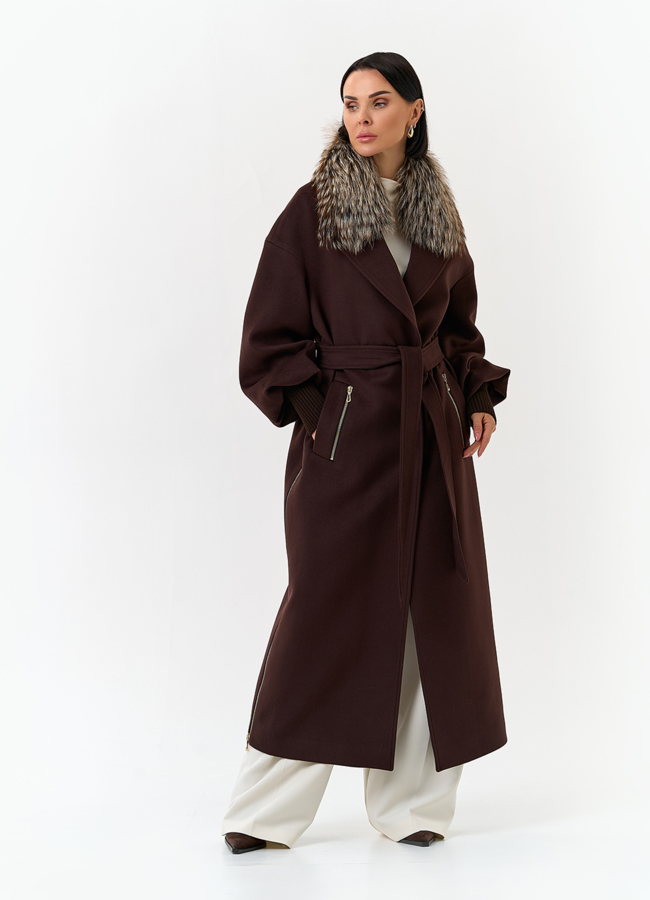 Женское длинное пальто с отделкой из меха лисы модель № 32857 в кредит