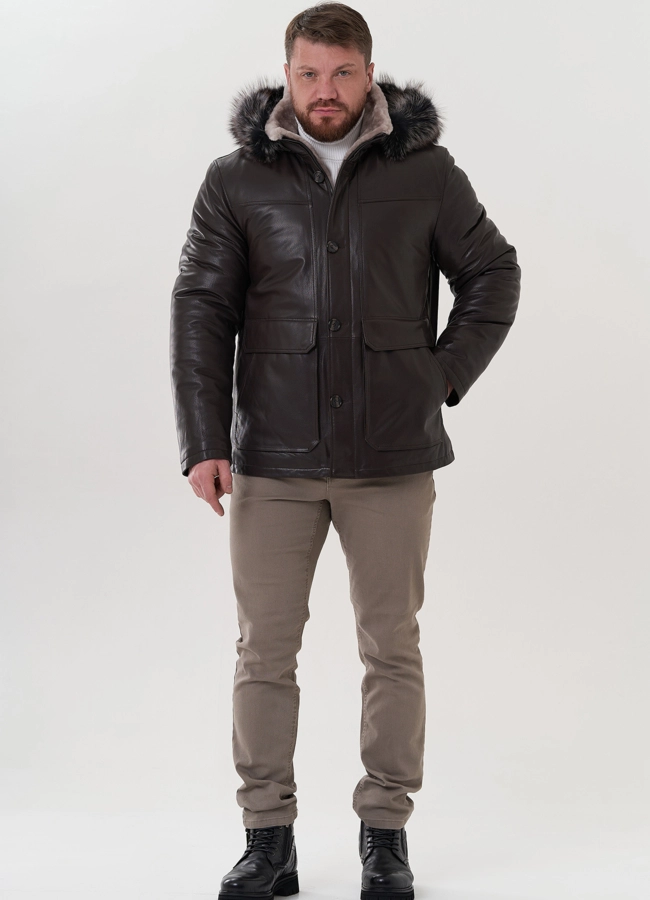 Пуховик из натуральной кожи с капюшоном модель № 26230 в кредит фото