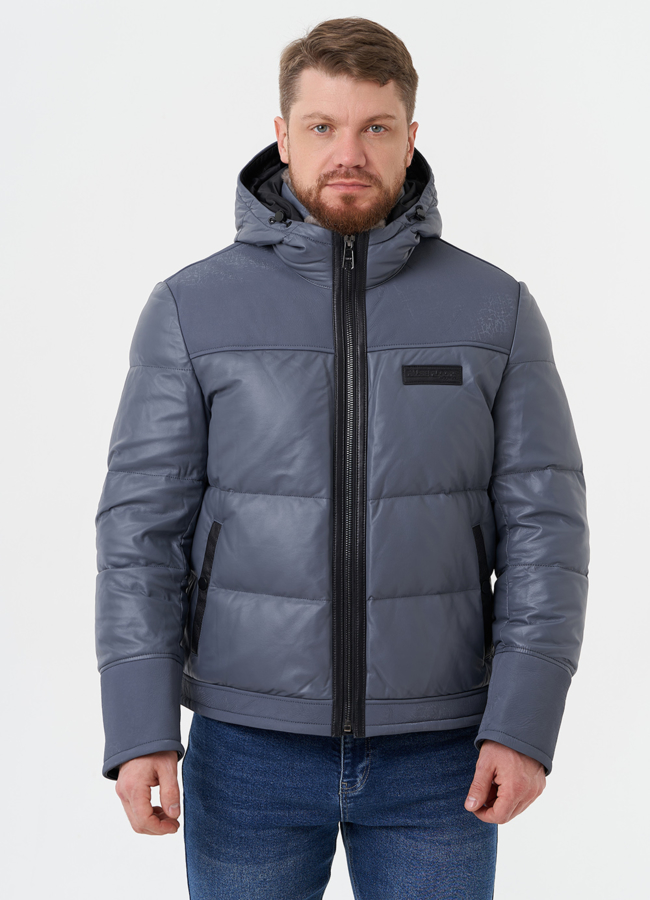 Пуховик из натуральной кожи с капюшоном модель № 28578 универмаг малина