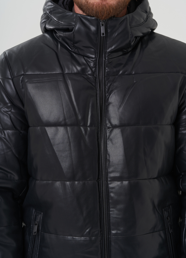 Пуховик мужской из эко кожи с капюшоном  модель № 81843 универмаг малина