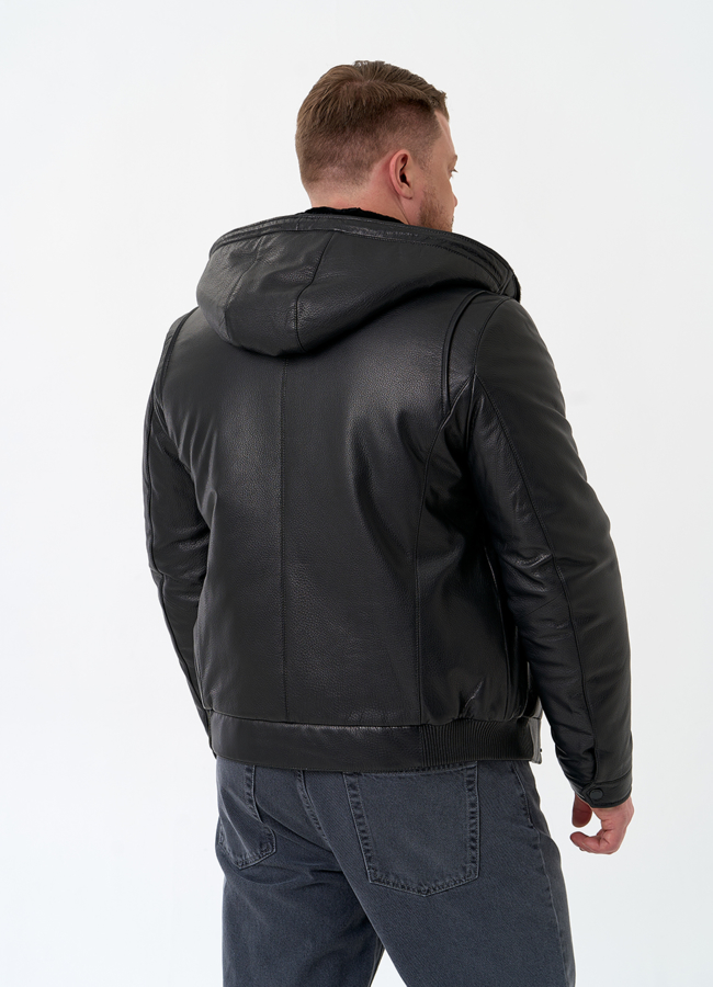 Мужской пуховик из натуральной кожи с капюшоном модель № 32051 в рассрочку