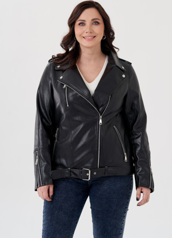 Удлиненная куртка косуха в черном цвете с ремнем