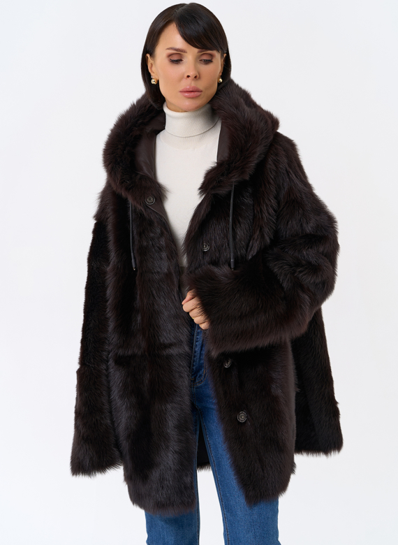 Женская двухсторонняя дубленка с капюшоном