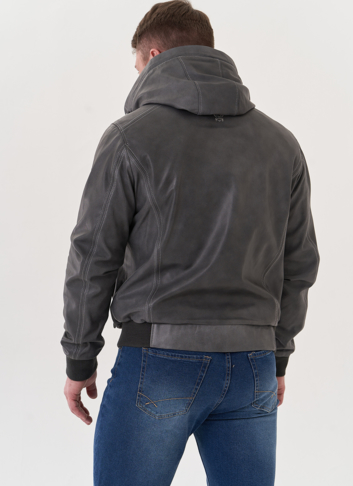 Мужская кожаная куртка "бомбер" с капюшоном