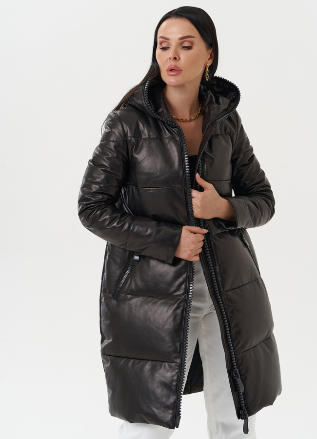 Кожаный пуховик с капюшоном модель № 15013 универмаг малина