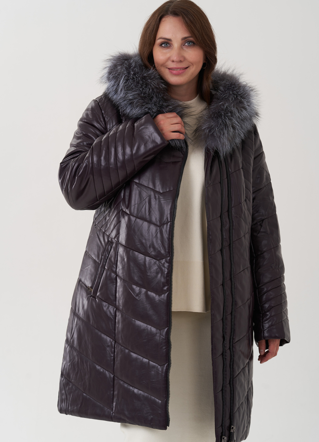 Пуховик из эко кожи с капюшоном на молнии модель № 25703 универмаг малина