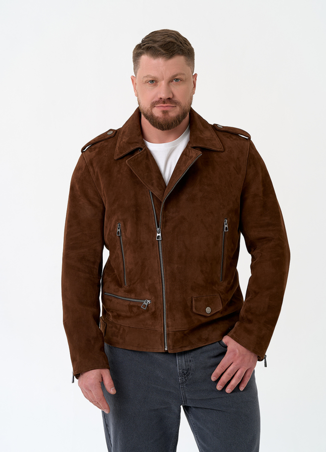 Мужская куртка из натуральной замши модель № 32742 меха малина