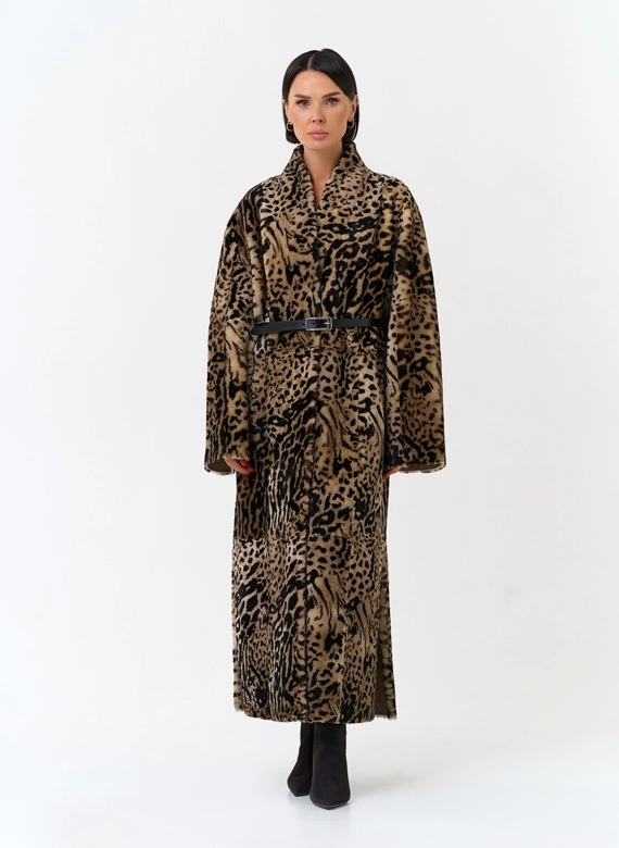 Двухсторонняя женская дубленка с декоративным поясом фото